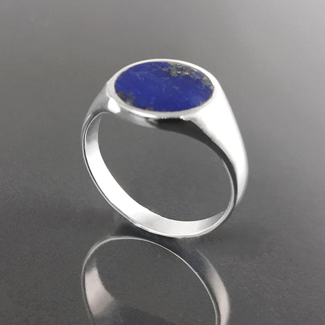 Lapis Lazuli Signet Ring, Sterling Silver Round Flat Stone, Handmade