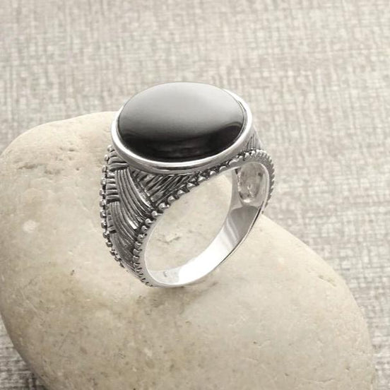 Braided Sterling Silver 925 Onyx Ring, Ethnic Tribal style Jewelry