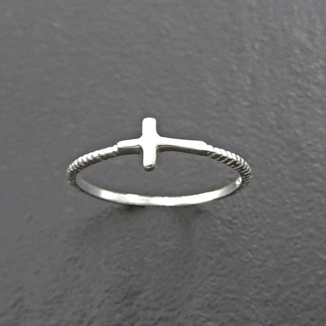 Sterling Silver Sideways Cross Ring - Stacking Religious Jewelry, 925 Cross