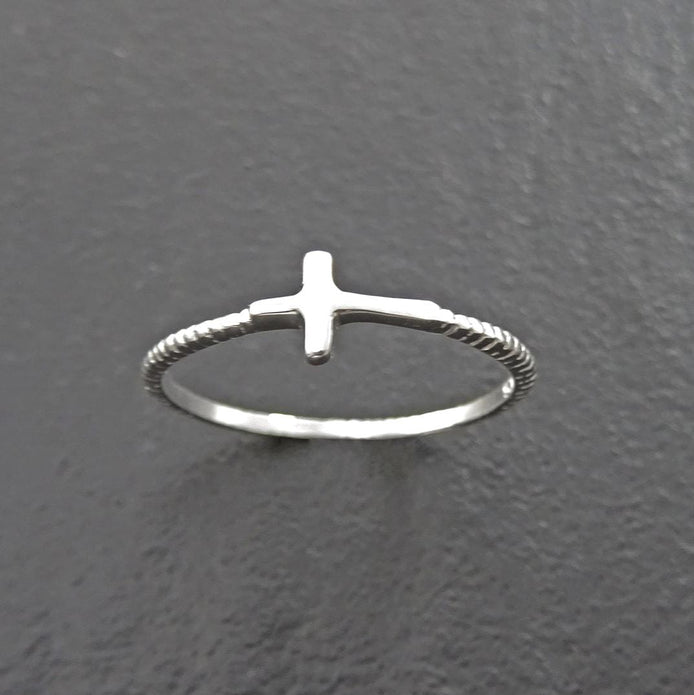 Sterling Silver Sideways Cross Ring - Stacking Religious Jewelry, 925 Cross