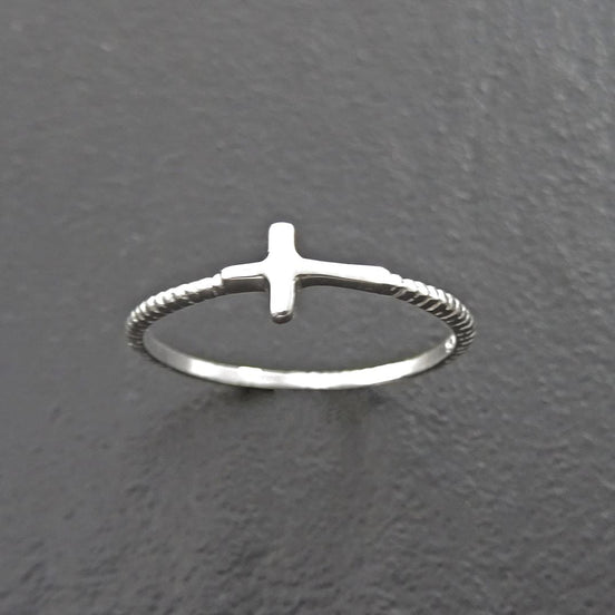 Sterling Silver Sideways Cross Ring - Stacking Religious Jewelry, 925 Cross