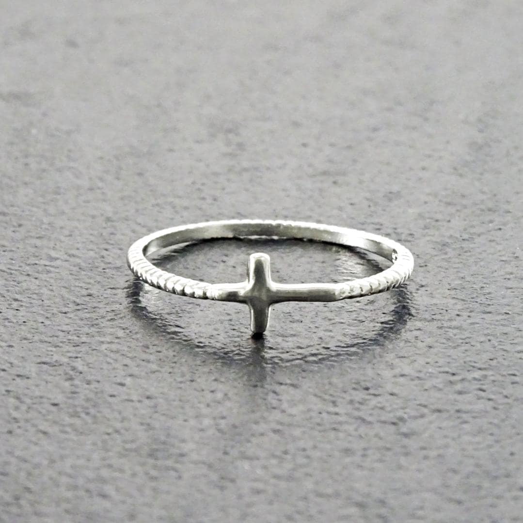 Sterling Silver Sideways Cross Ring - Stacking Religious Jewelry, 925 Cross