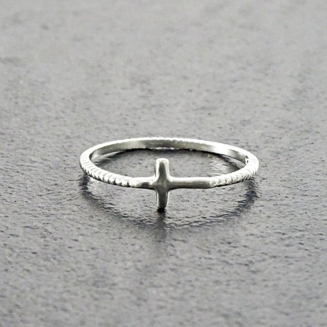 Sterling Silver Sideways Cross Ring - Stacking Religious Jewelry, 925 Cross
