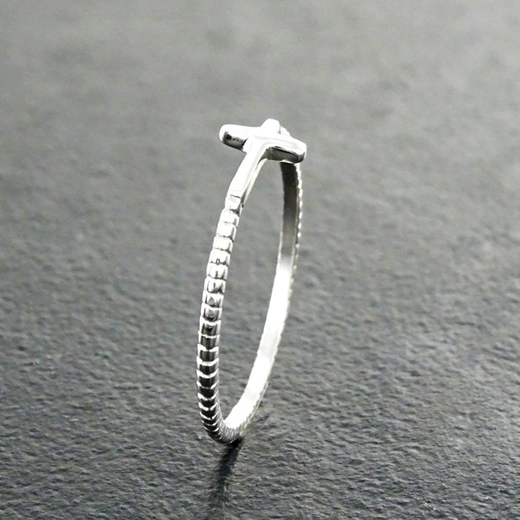 Sterling Silver Sideways Cross Ring - Stacking Religious Jewelry, 925 Cross