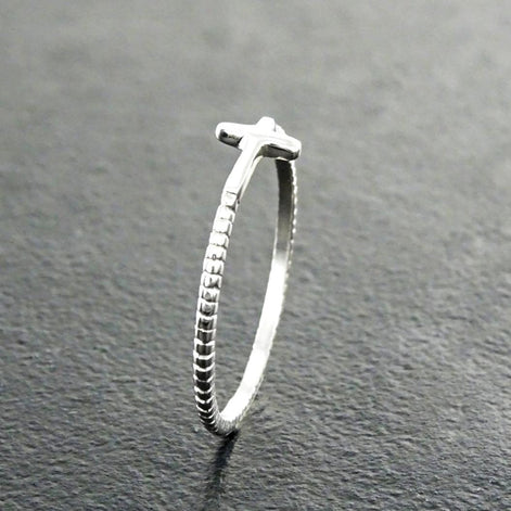 Sterling Silver Sideways Cross Ring - Stacking Religious Jewelry, 925 Cross