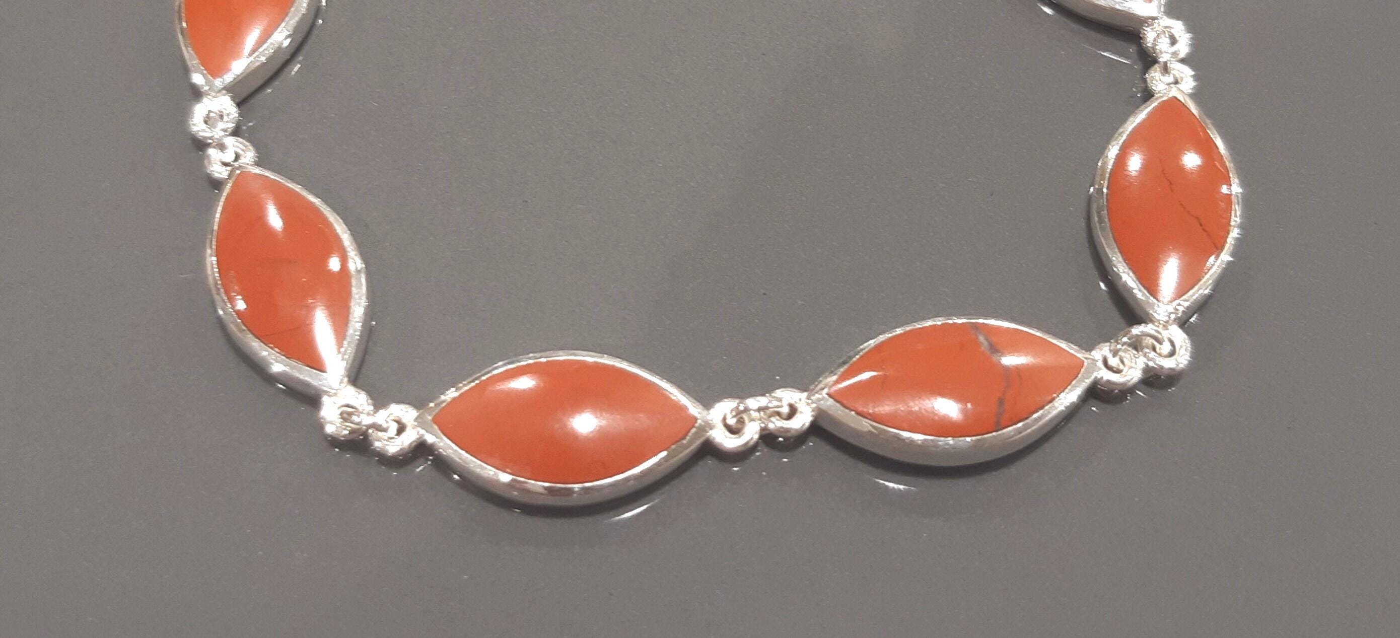 Red Jasper Sterling Silver Bracelet, Modern Stone Jewelry 925.