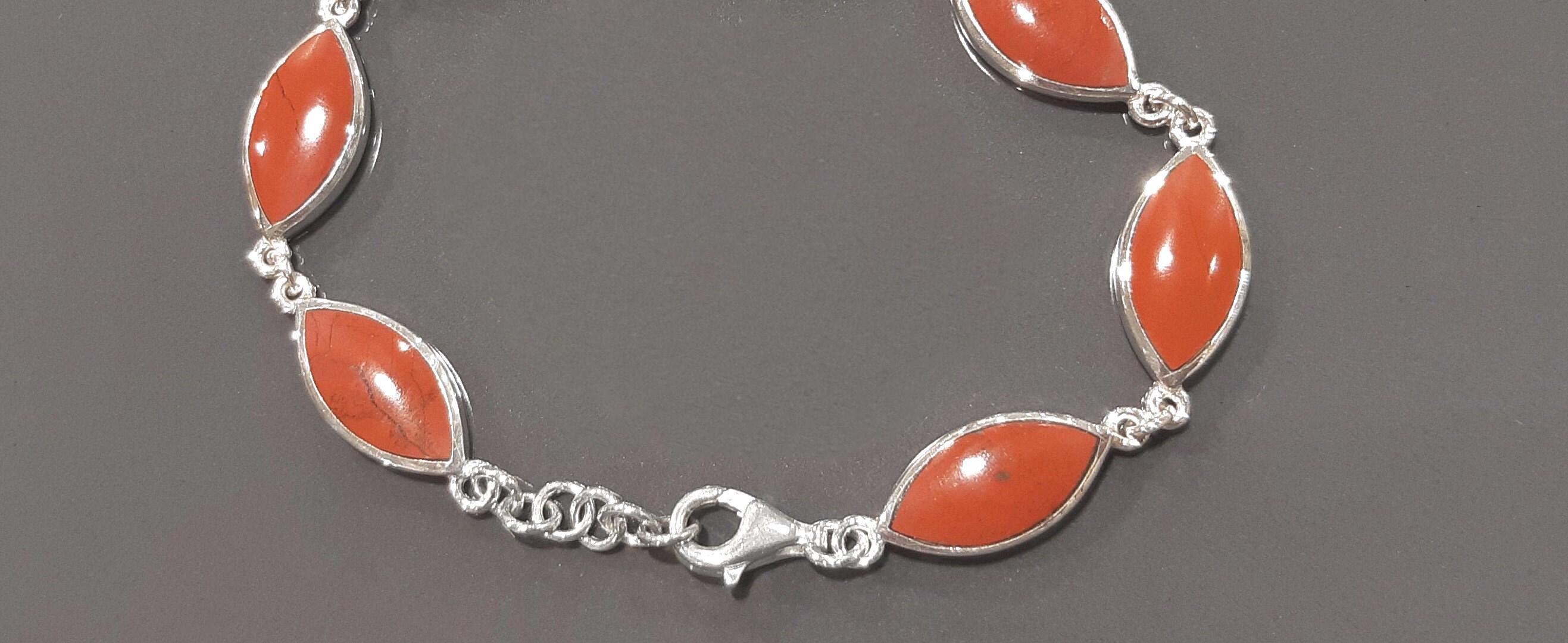 Red Jasper Sterling Silver Bracelet, Modern Stone Jewelry 925.