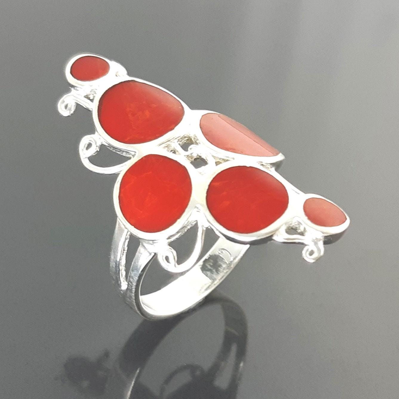 925 Modern Red Stone Ring, Sterling Silver Geometric jewelry, Circular Design Round Forms Ring.