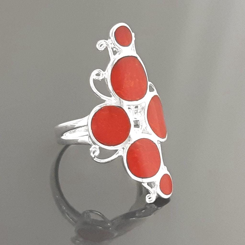 925 Modern Red Stone Ring, Sterling Silver Geometric jewelry, Circular Design Round Forms Ring.