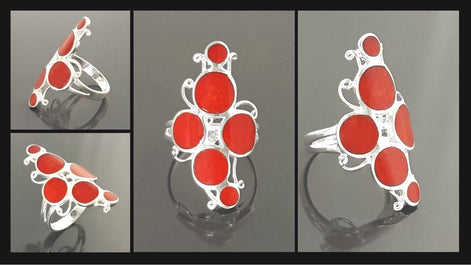 925 Modern Red Stone Ring, Sterling Silver Geometric jewelry, Circular Design Round Forms Ring.