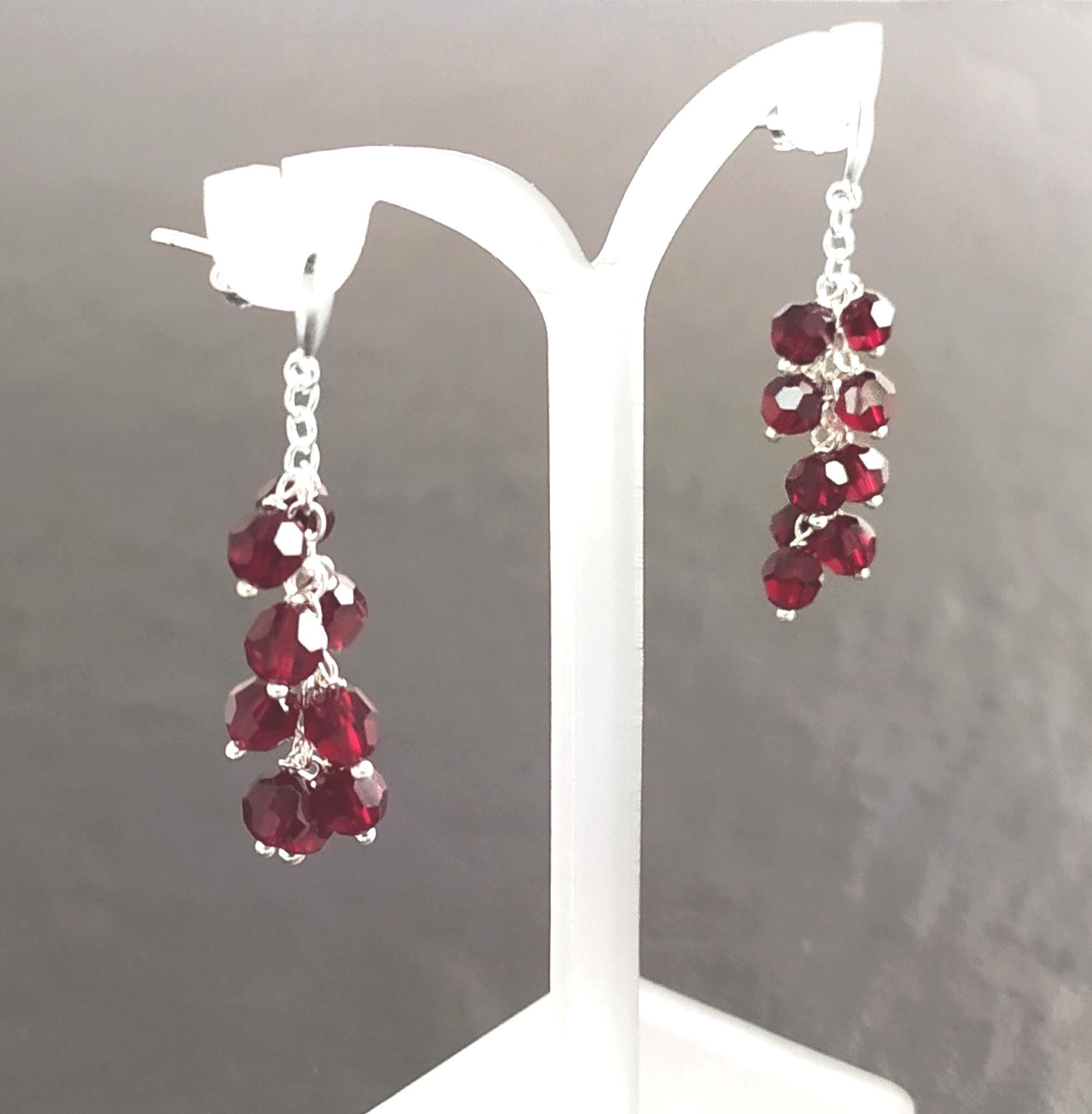 Red Stone Grapes Earrings, Sterling Silver, Teardrop Dangle Red Grape Crystal Stones, Berries Pomegranate Garnett Color, Drop Jewelry