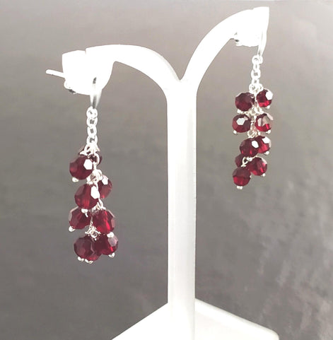Red Stone Grapes Earrings, Sterling Silver, Teardrop Dangle Red Grape Crystal Stones, Berries Pomegranate Garnett Color, Drop Jewelry