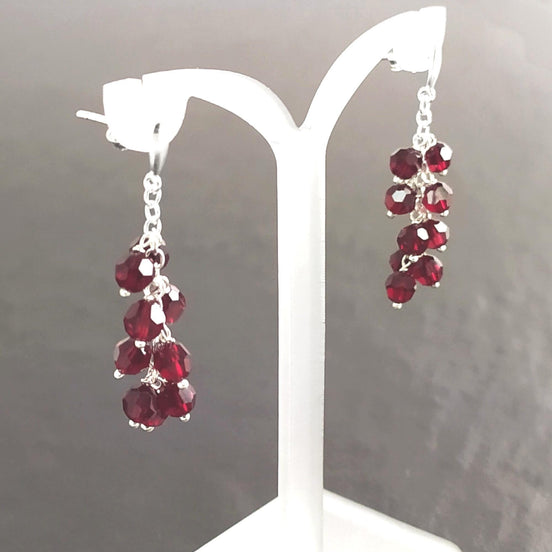 Red Stone Grapes Earrings, Sterling Silver, Teardrop Dangle Red Grape Crystal Stones, Berries Pomegranate Garnett Color, Drop Jewelry