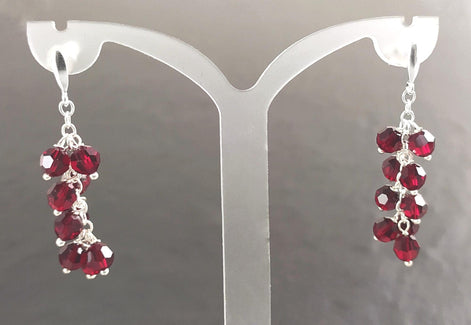 Red Stone Grapes Earrings, Sterling Silver, Teardrop Dangle Red Grape Crystal Stones, Berries Pomegranate Garnett Color, Drop Jewelry