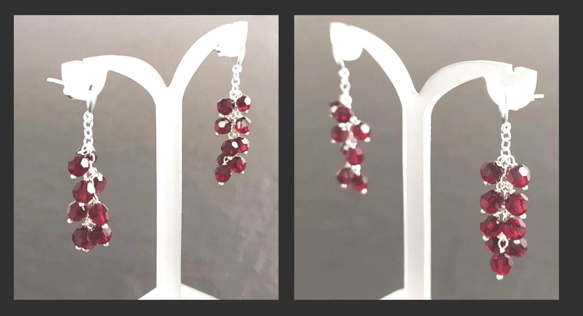 Red Stone Grapes Earrings, Sterling Silver, Teardrop Dangle Red Grape Crystal Stones, Berries Pomegranate Garnett Color, Drop Jewelry