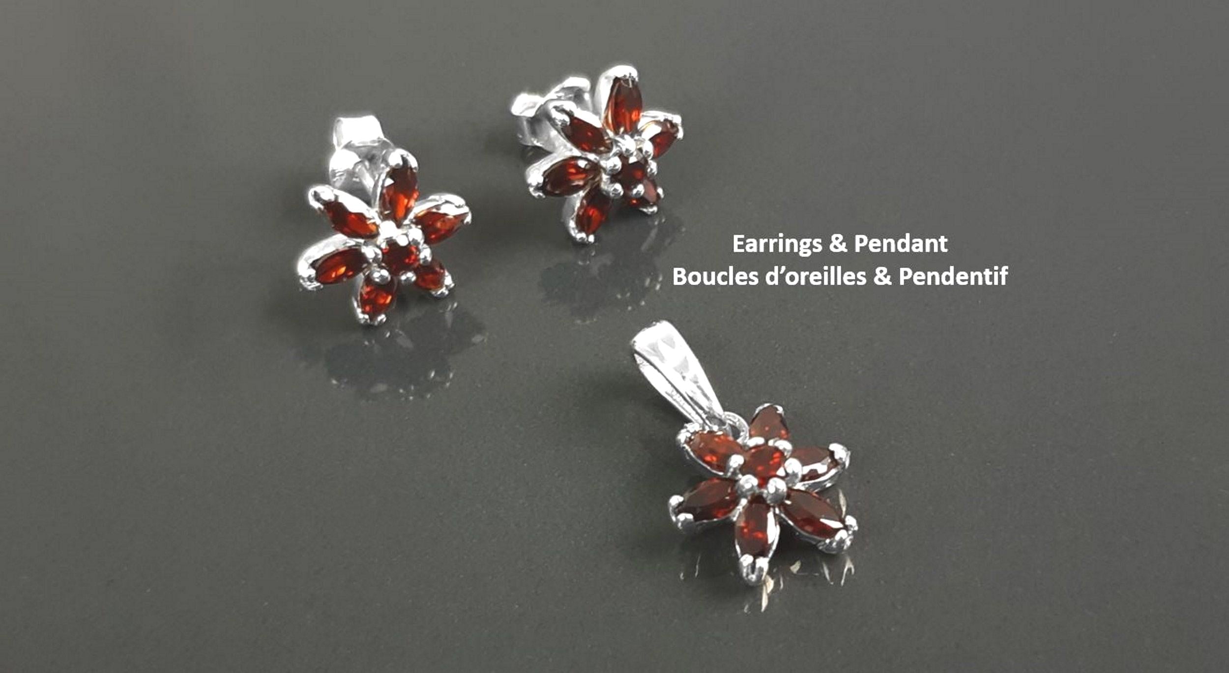 Sterling Silver Red Flower Earrings Pendant Set, Garnet CZ, Floral Jewelry Gift for her