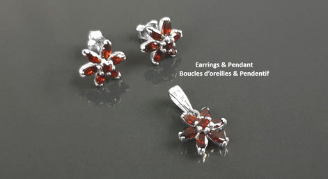 Sterling Silver Red Flower Earrings Pendant Set, Garnet CZ, Floral Jewelry Gift for her