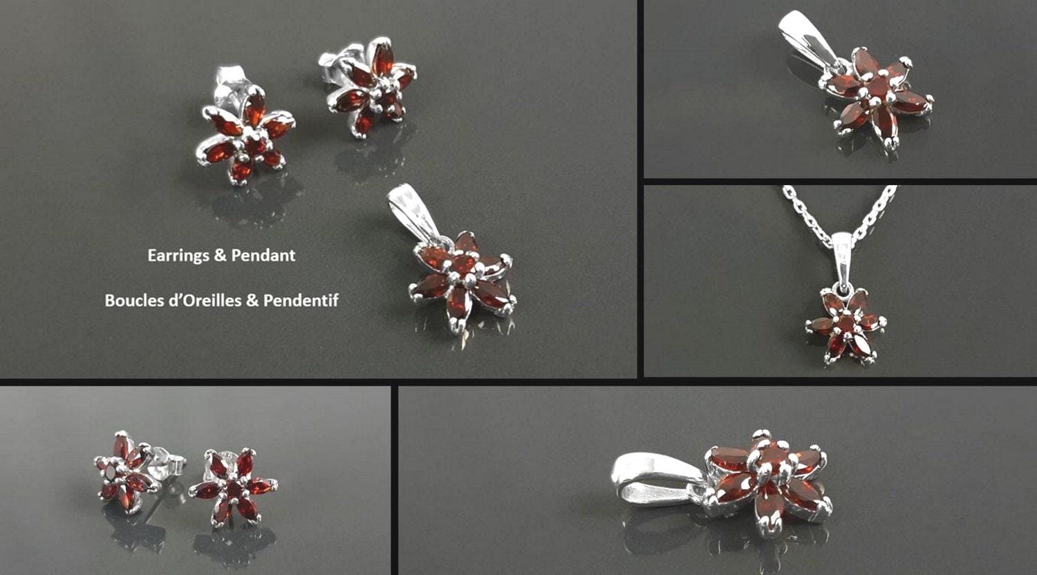 Sterling Silver Red Flower Earrings Pendant Set, Garnet CZ, Floral Jewelry Gift for her