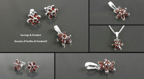 Sterling Silver Red Flower Earrings Pendant Set, Garnet CZ, Floral Jewelry Gift for her