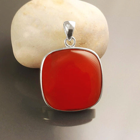Red Square Pendant, Rounded, Sterling Silver, Ganuine RED Agate Gemstone, big red stone, Geometric Minimalist Jewelry. 925 and Gemstone.