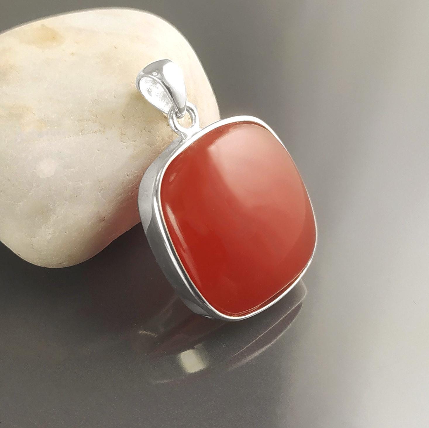Red Square Pendant, Rounded, Sterling Silver, Ganuine RED Agate Gemstone, big red stone, Geometric Minimalist Jewelry. 925 and Gemstone.