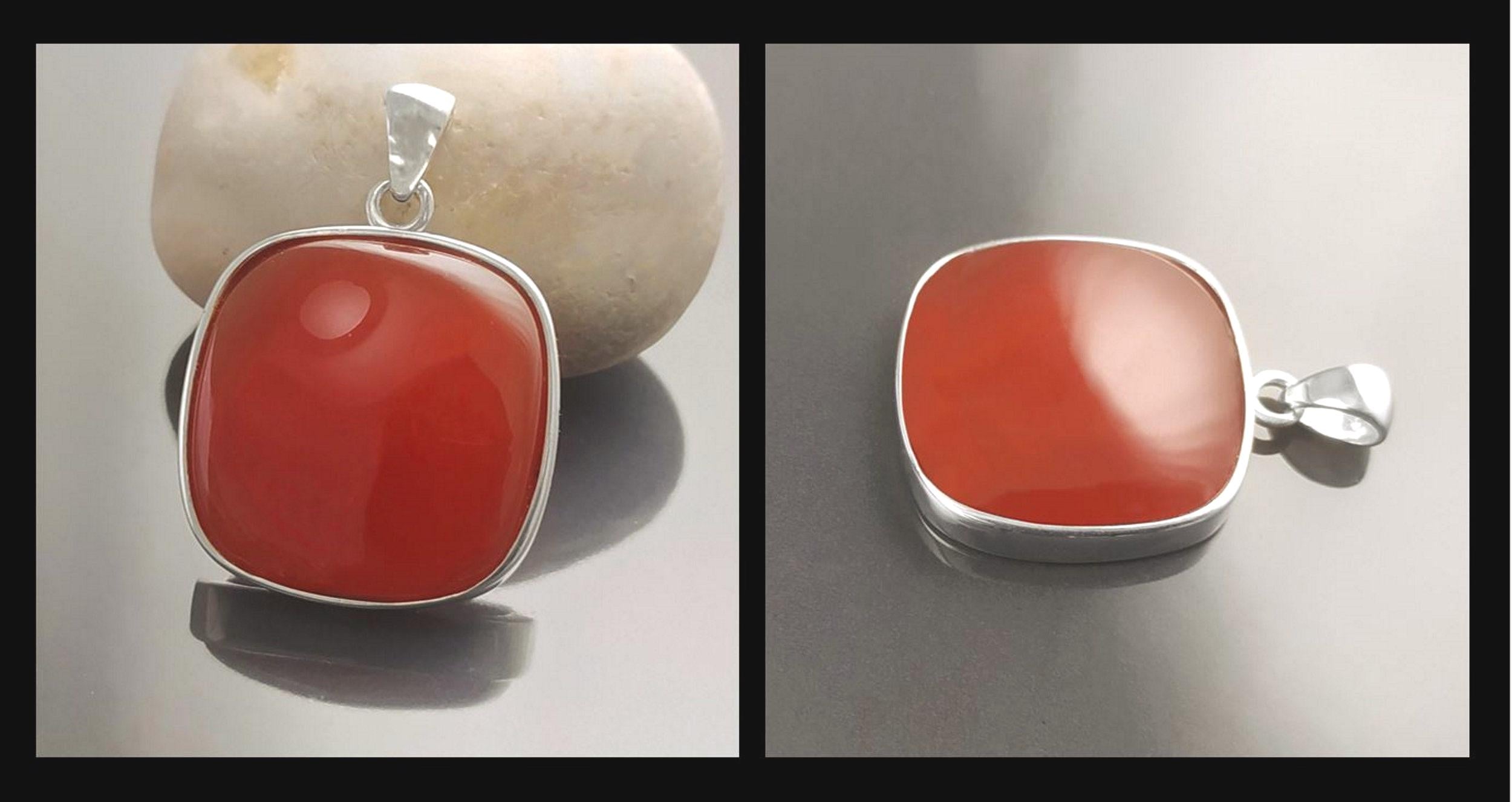 Red Square Pendant, Rounded, Sterling Silver, Ganuine RED Agate Gemstone, big red stone, Geometric Minimalist Jewelry. 925 and Gemstone.