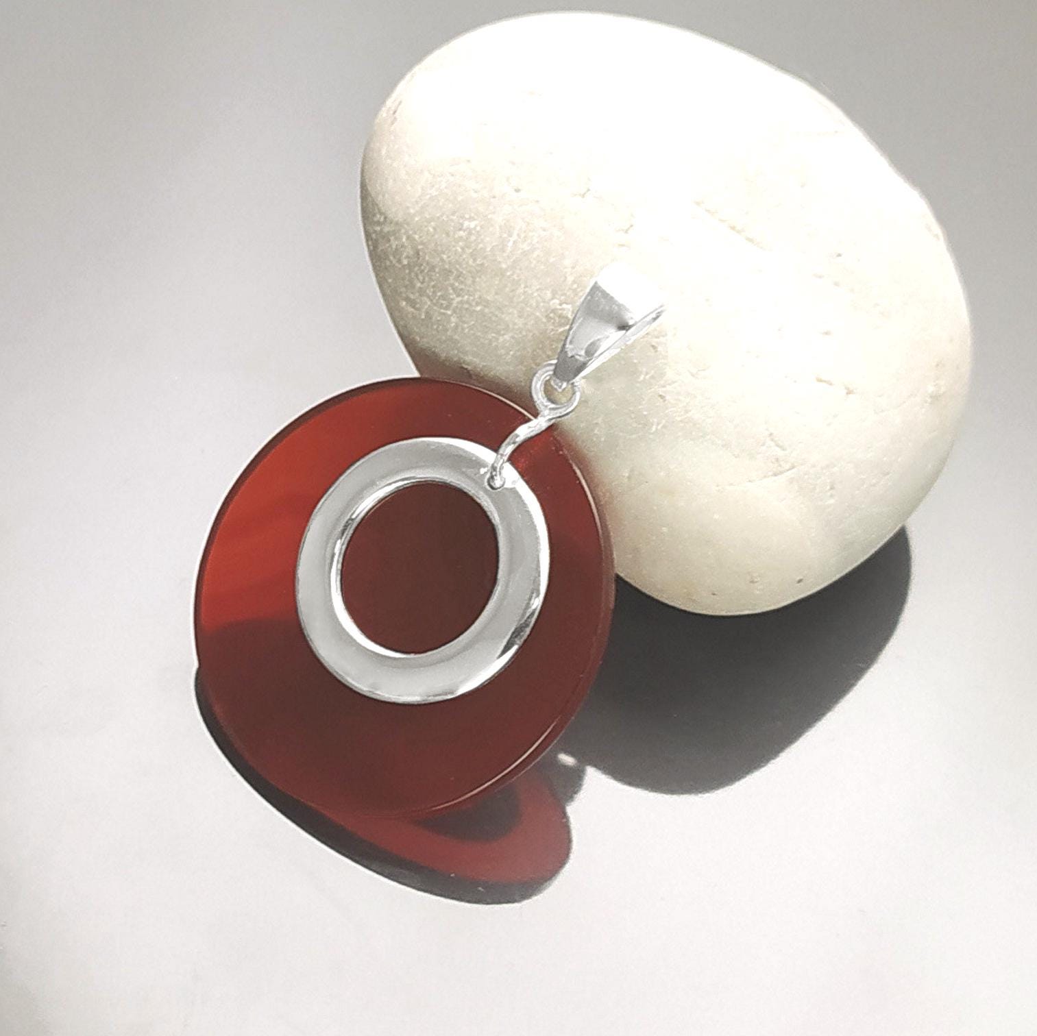 Red Round Pendant, Sterling Silver, Red Agate Stone Discs, Modern Dangle Geometric Necklace, Minimalist Women Jewelry