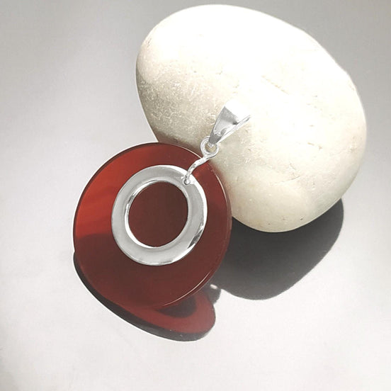 Red Round Pendant, Sterling Silver, Red Agate Stone Discs, Modern Dangle Geometric Necklace, Minimalist Women Jewelry