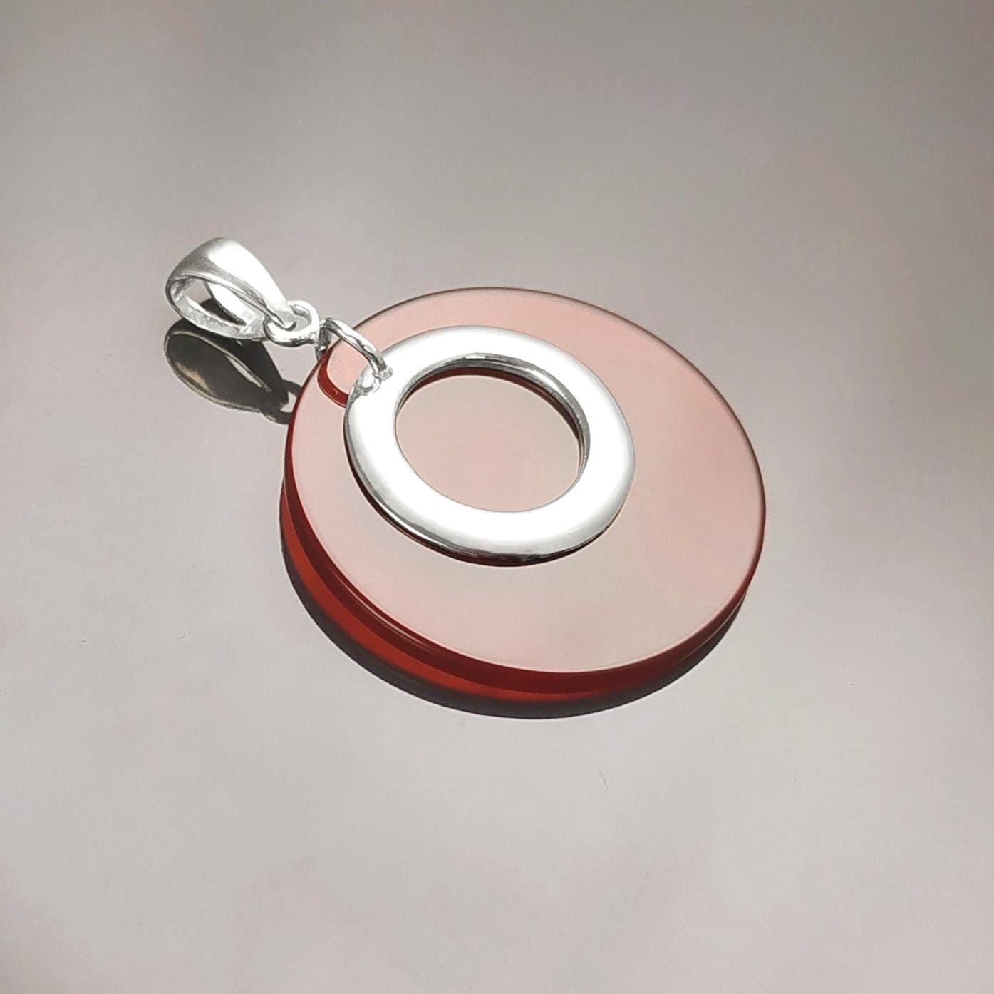 Red Round Pendant, Sterling Silver, Red Agate Stone Discs, Modern Dangle Geometric Necklace, Minimalist Women Jewelry
