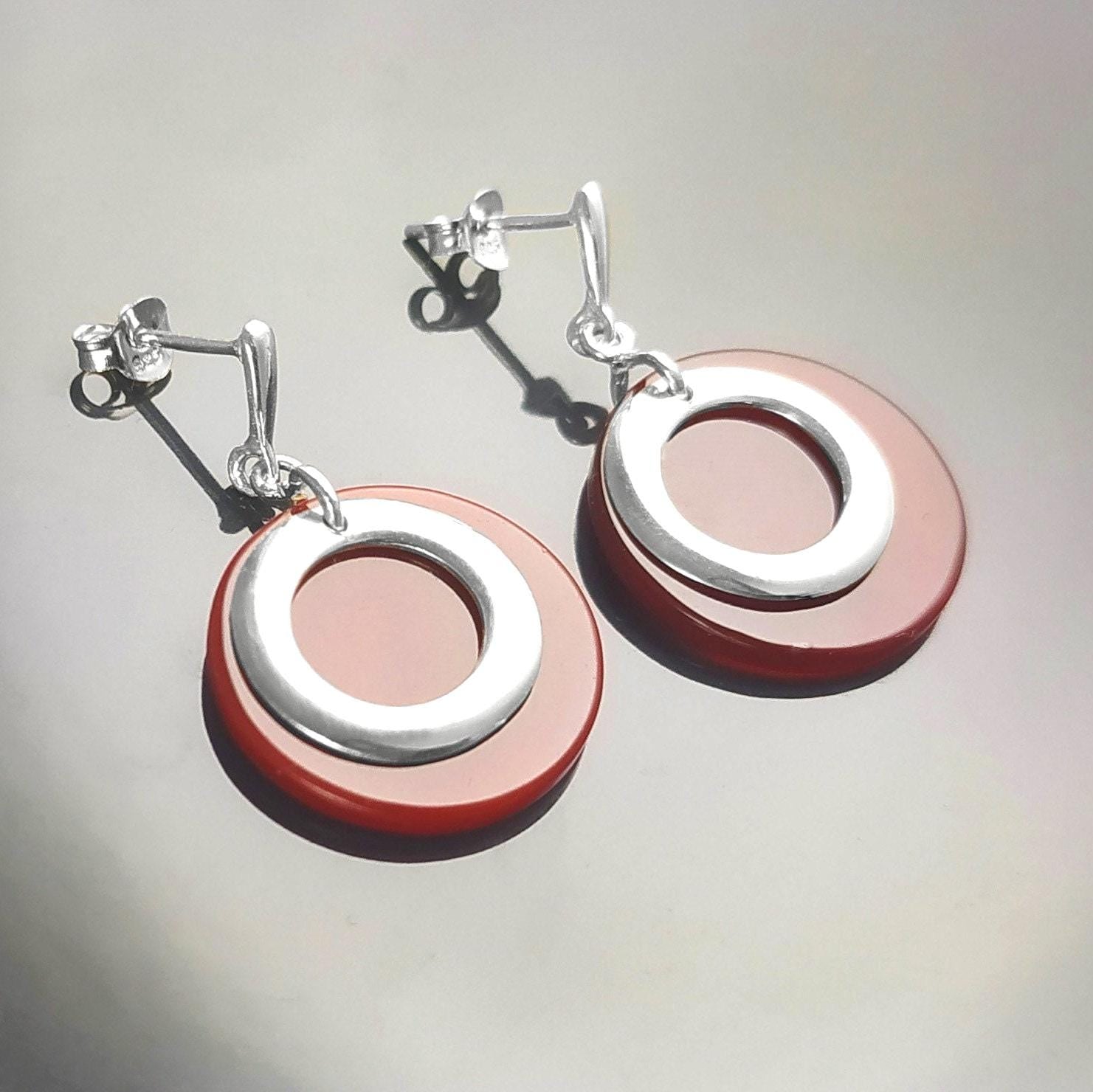 Red Round Pendant, Sterling Silver, Red Agate Stone Discs, Modern Dangle Geometric Necklace, Minimalist Women Jewelry