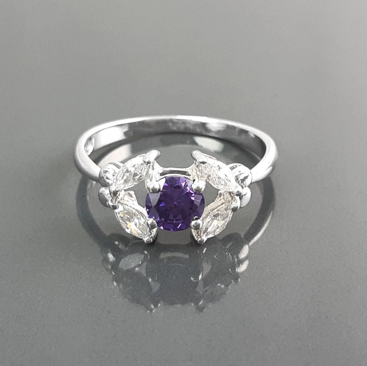 925 Sterling Silver Halo Ring Purple Amethyst CZ, Modern Small Solitaire Jewelry