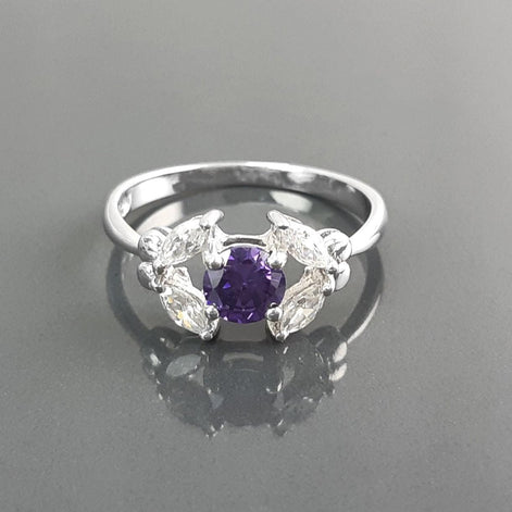 925 Sterling Silver Halo Ring Purple Amethyst CZ, Modern Small Solitaire Jewelry