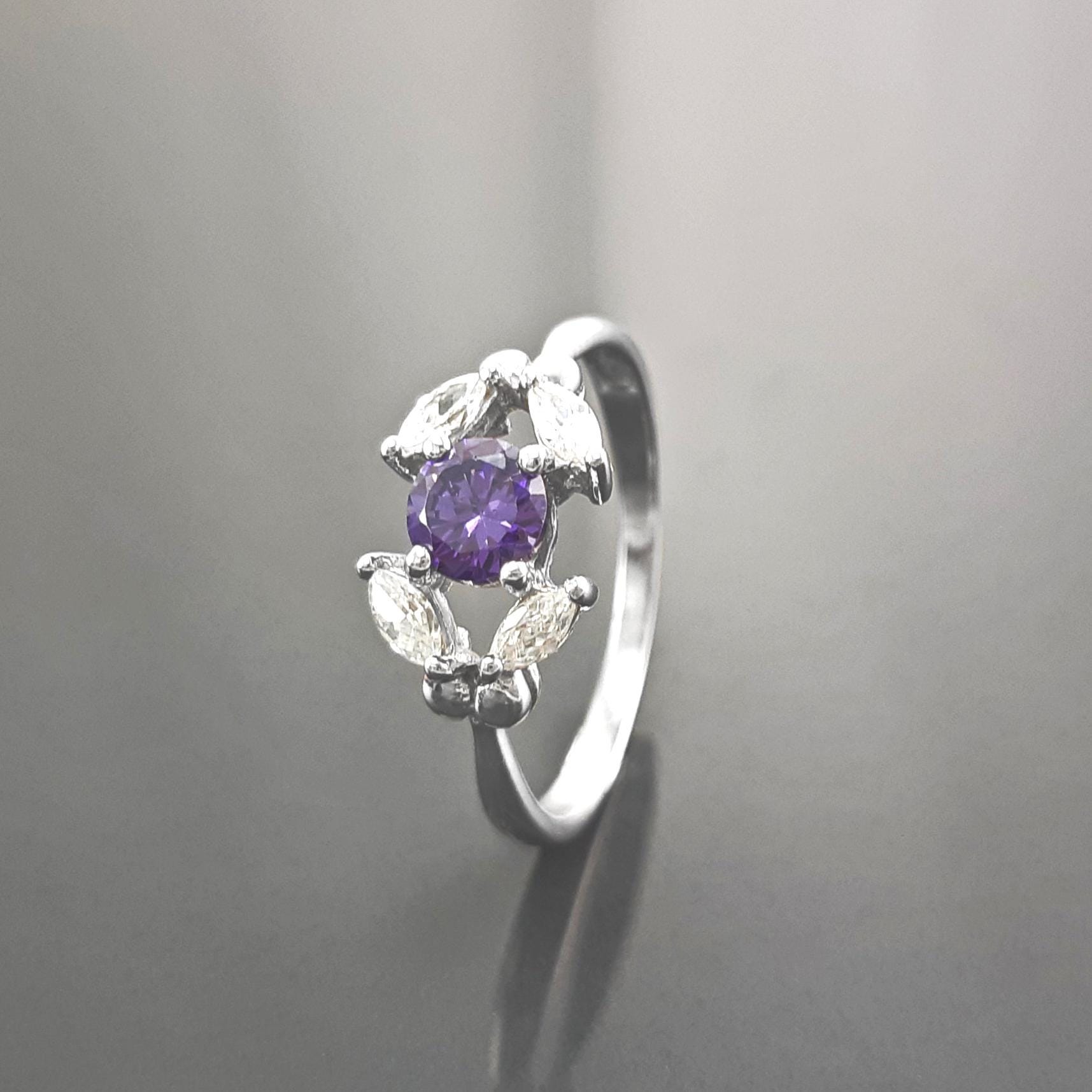 925 Sterling Silver Halo Ring Purple Amethyst CZ, Modern Small Solitaire Jewelry