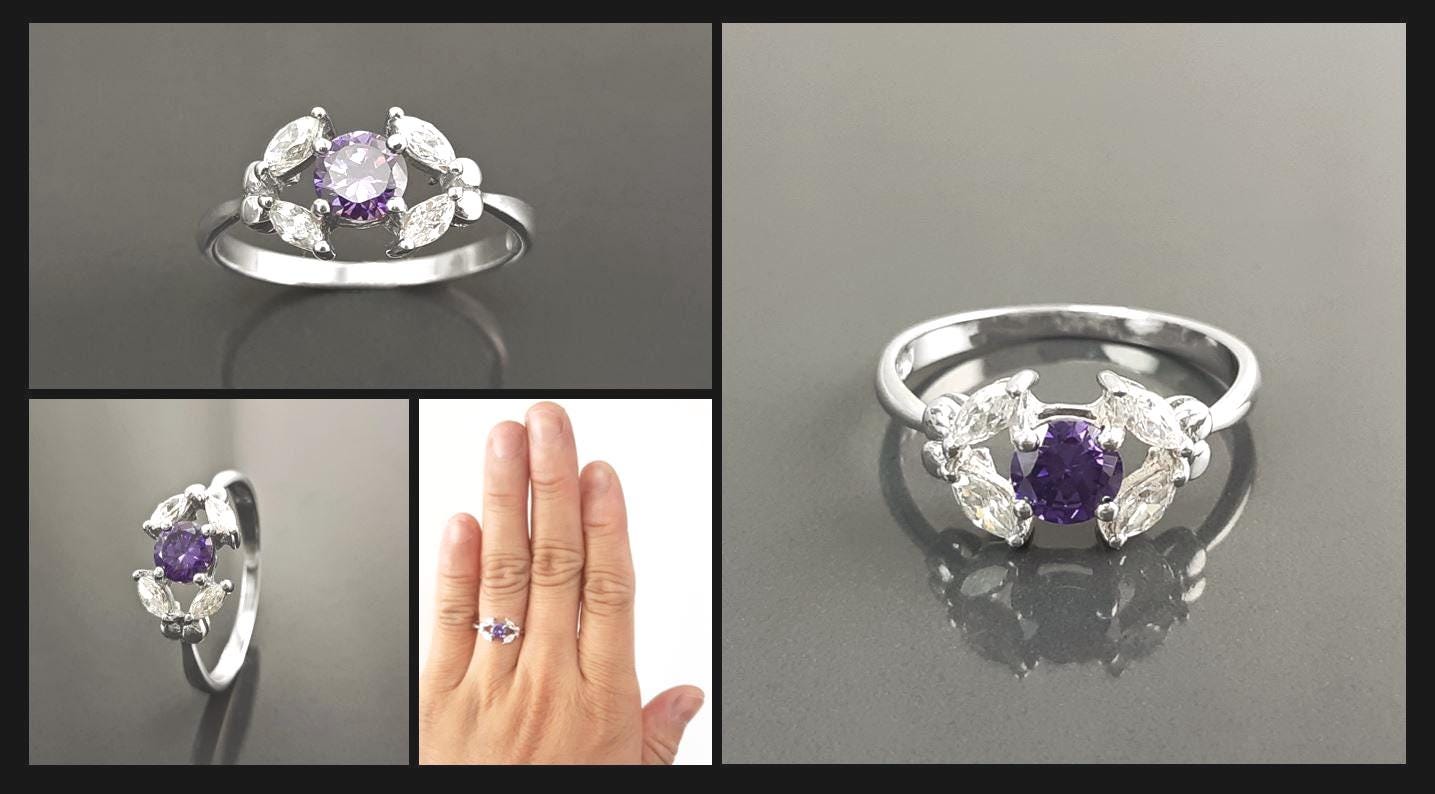 925 Sterling Silver Halo Ring Purple Amethyst CZ, Modern Small Solitaire Jewelry
