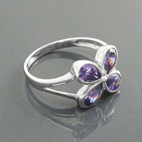 Sterling Silver Flower Ring, Amethyst Purple Color CZ, Modern Minimalist Jewelry