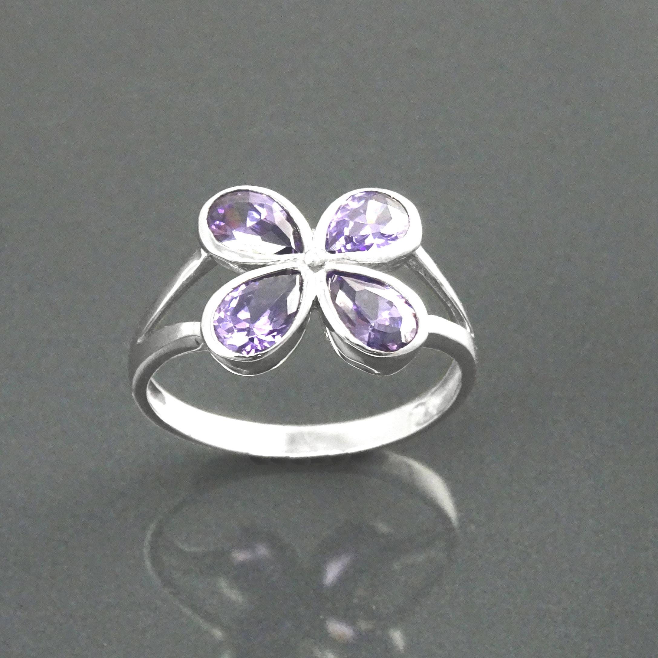 Sterling Silver Flower Ring, Amethyst Purple Color CZ, Modern Minimalist Jewelry