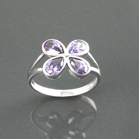 Sterling Silver Flower Ring, Amethyst Purple Color CZ, Modern Minimalist Jewelry
