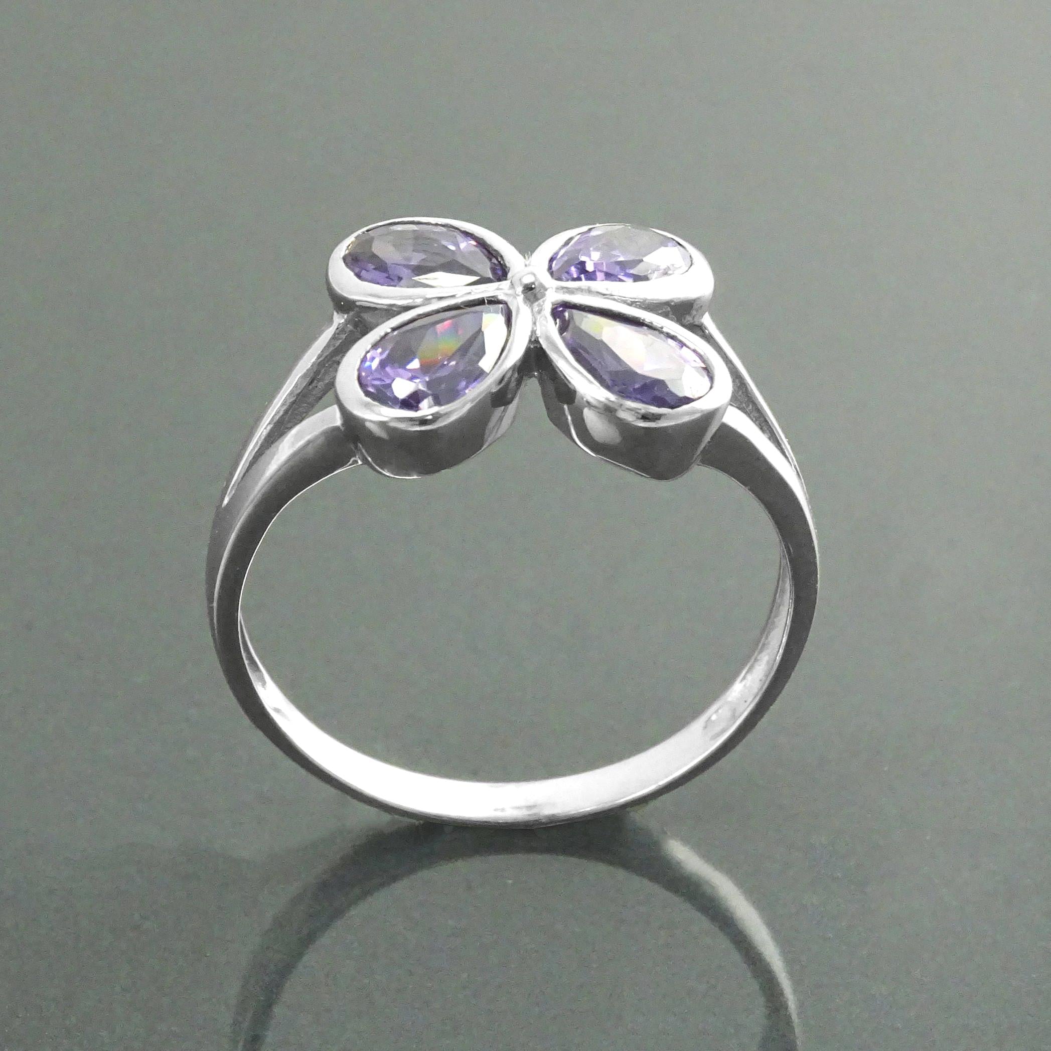 Sterling Silver Flower Ring, Amethyst Purple Color CZ, Modern Minimalist Jewelry
