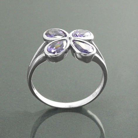 Sterling Silver Flower Ring, Amethyst Purple Color CZ, Modern Minimalist Jewelry