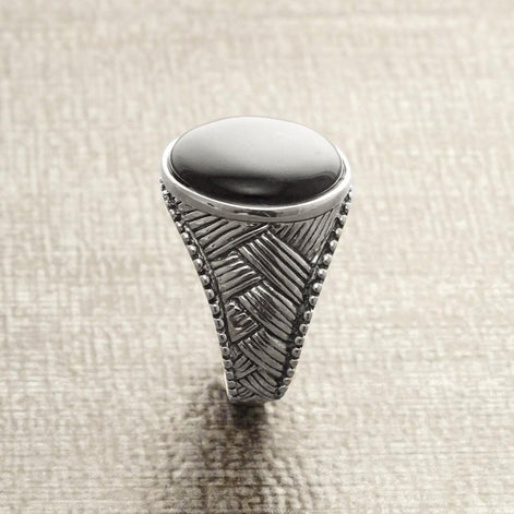 Braided Sterling Silver 925 Onyx Ring, Ethnic Tribal style Jewelry