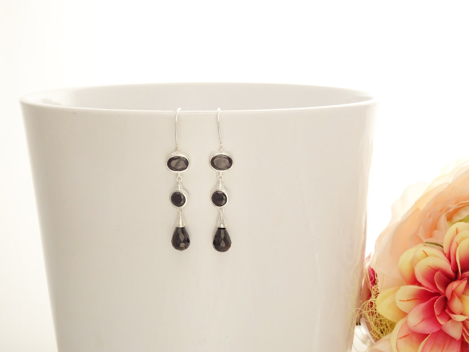 Black Stone Pendant, Sterling Silver, Necklace with Pending Black Stones Pendant, Black Cz, Modern Dangle Stones Pendant Earrings set