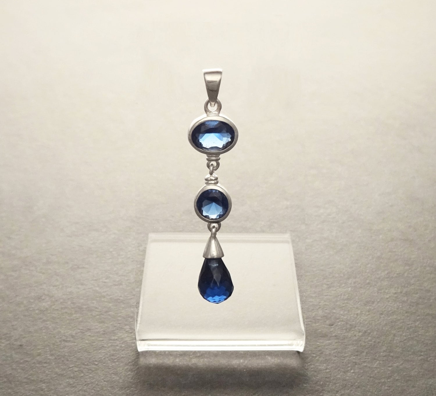Sapphire Long pendant, Sterling Silver, Lab Sapphire Pendant, Unique Modern Jewelry, Deep Blue, Dangle 3 Stones Teardrop Set, Bezel Setting