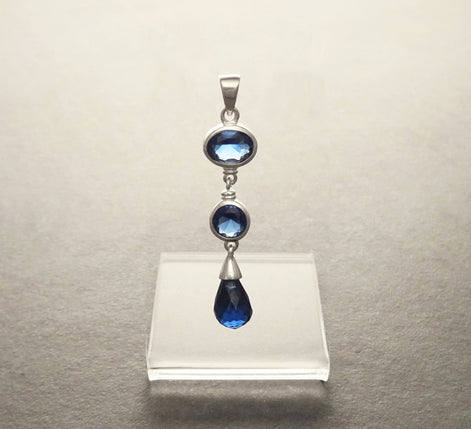 Sapphire Long pendant, Sterling Silver, Lab Sapphire Pendant, Unique Modern Jewelry, Deep Blue, Dangle 3 Stones Teardrop Set, Bezel Setting