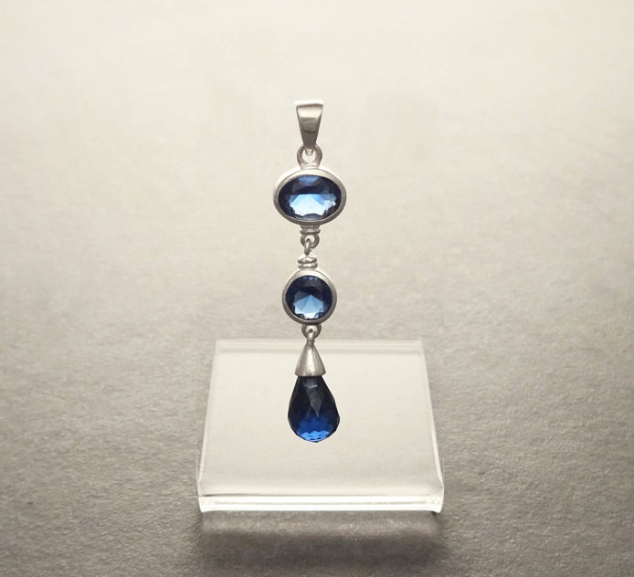 Sapphire Long pendant, Sterling Silver, Lab Sapphire Pendant, Unique Modern Jewelry, Deep Blue, Dangle 3 Stones Teardrop Set, Bezel Setting