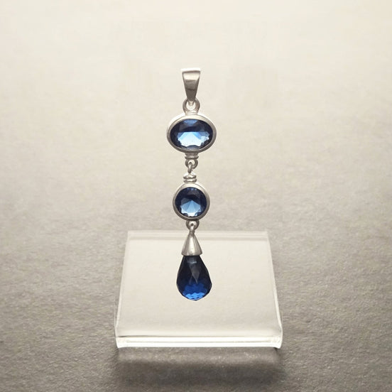 Sapphire Long pendant, Sterling Silver, Lab Sapphire Pendant, Unique Modern Jewelry, Deep Blue, Dangle 3 Stones Teardrop Set, Bezel Setting