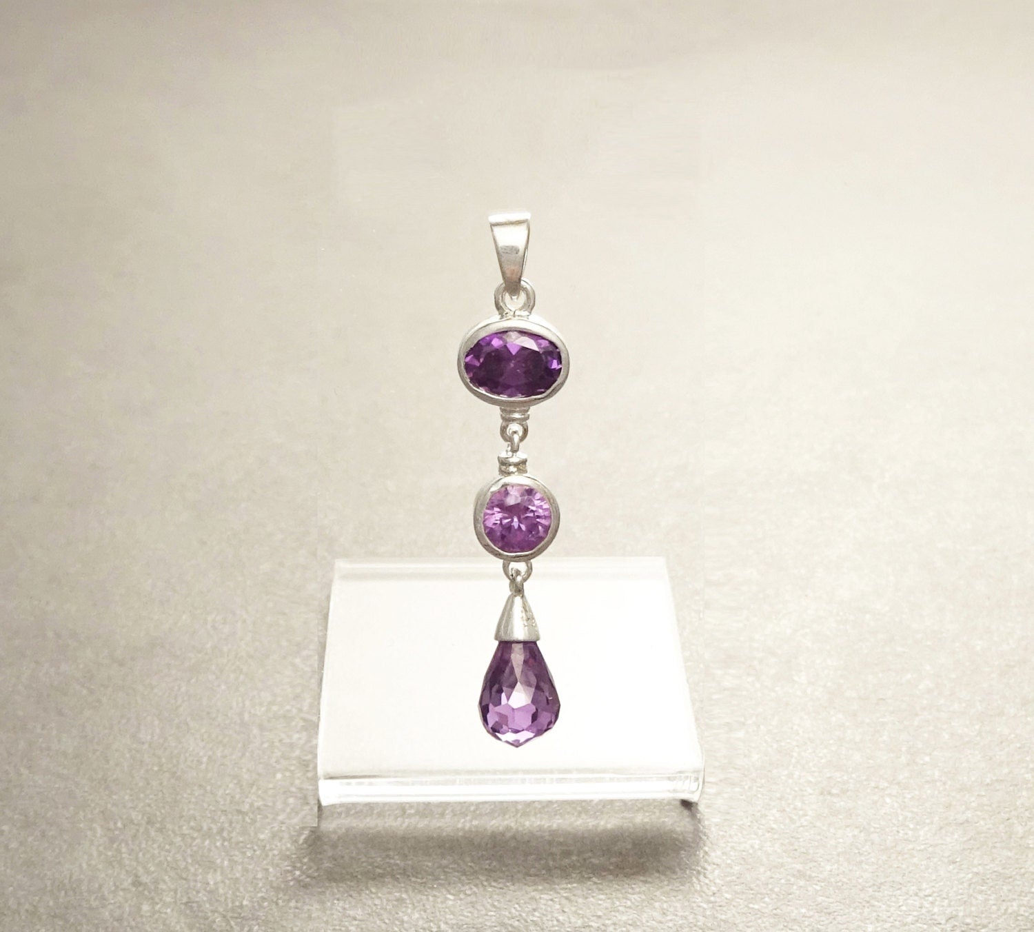 Purple Long Pendant - Sterling Silver Pendant - Purple Stones Cz - Long silver Pendant - Modern Set - Violet Small Stone pendant