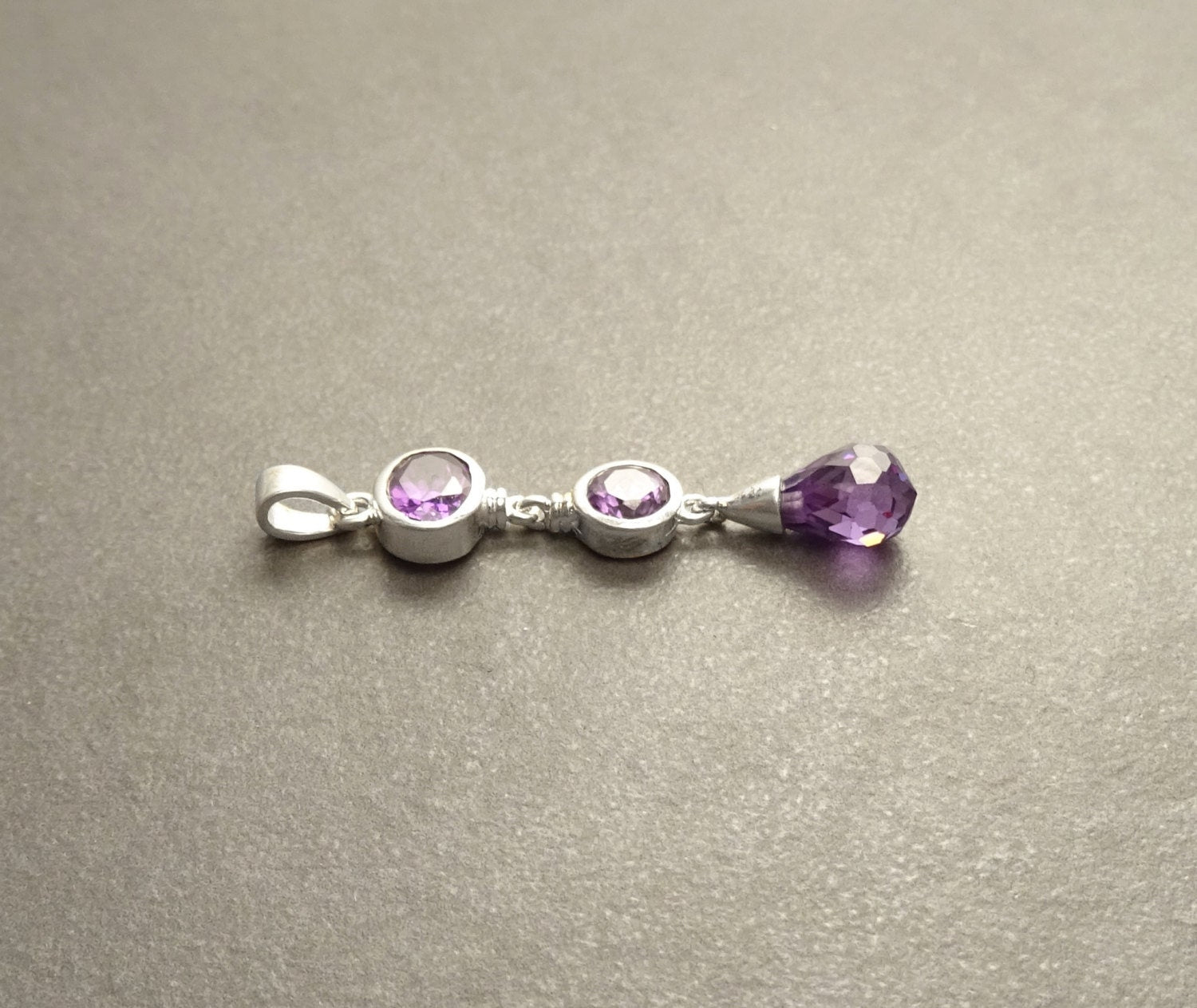 Purple Long Pendant - Sterling Silver Pendant - Purple Stones Cz - Long silver Pendant - Modern Set - Violet Small Stone pendant