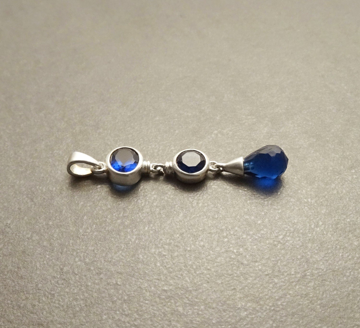 Sapphire Long pendant, Sterling Silver, Lab Sapphire Pendant, Unique Modern Jewelry, Deep Blue, Dangle 3 Stones Teardrop Set, Bezel Setting