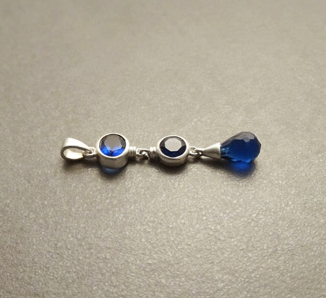 Sapphire Long pendant, Sterling Silver, Lab Sapphire Pendant, Unique Modern Jewelry, Deep Blue, Dangle 3 Stones Teardrop Set, Bezel Setting