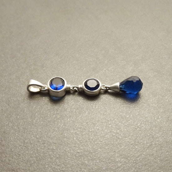 Sapphire Long pendant, Sterling Silver, Lab Sapphire Pendant, Unique Modern Jewelry, Deep Blue, Dangle 3 Stones Teardrop Set, Bezel Setting